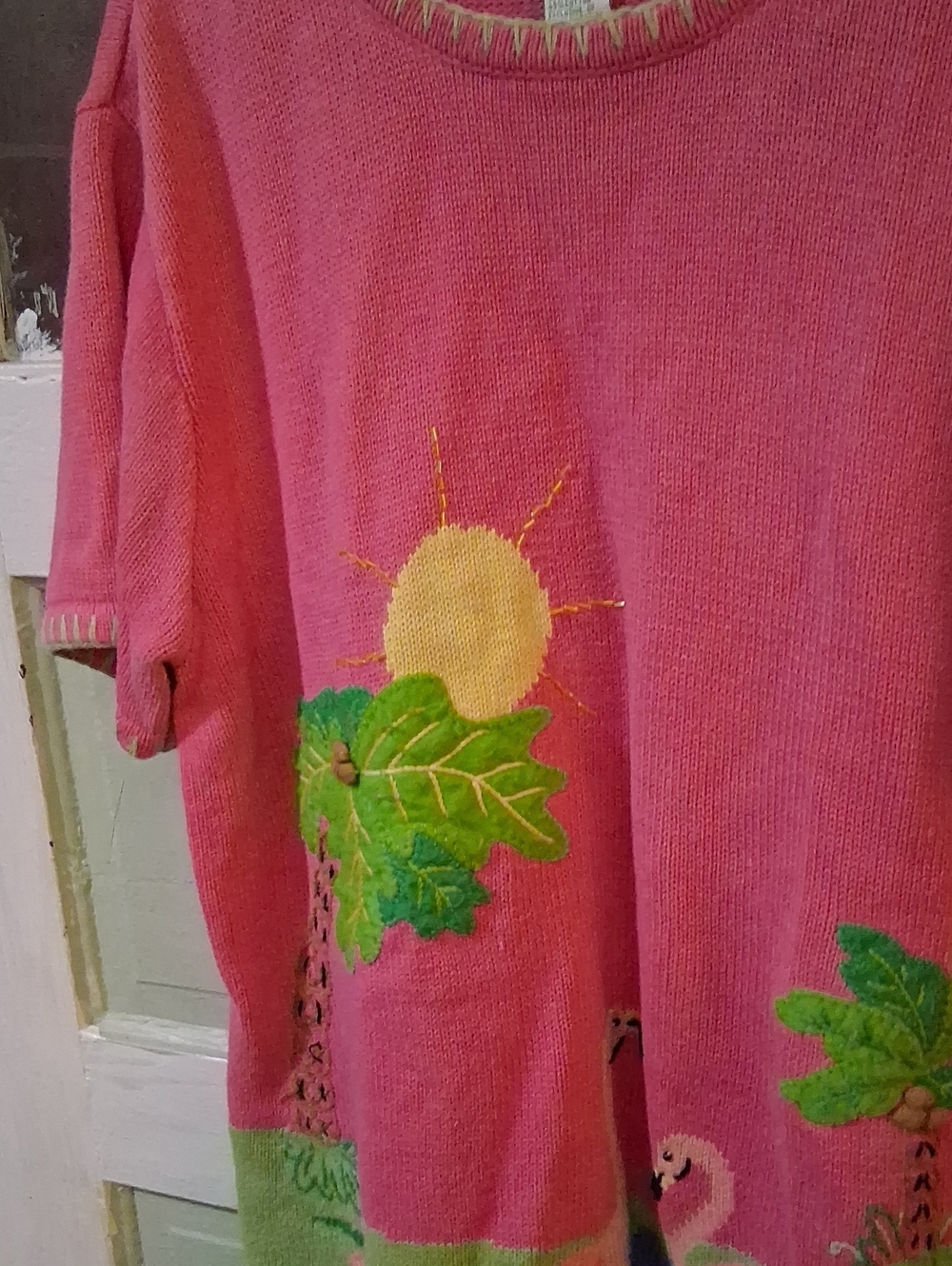 Quacker Factory Pink Knit Top with Yellow Sun & Green Leaf Applique